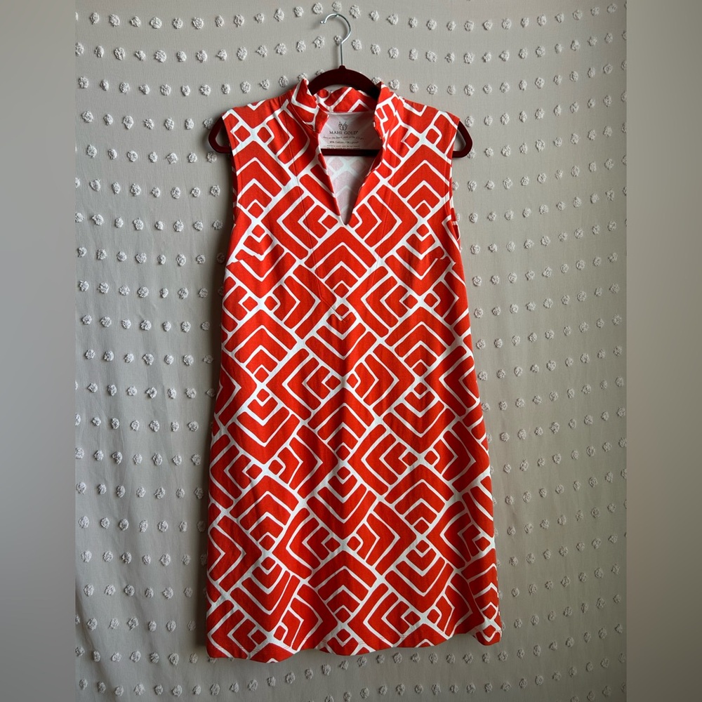 Mahi‎ Gold Schooner Dress Geometric Resort Cotton Blend Sz L Orange White